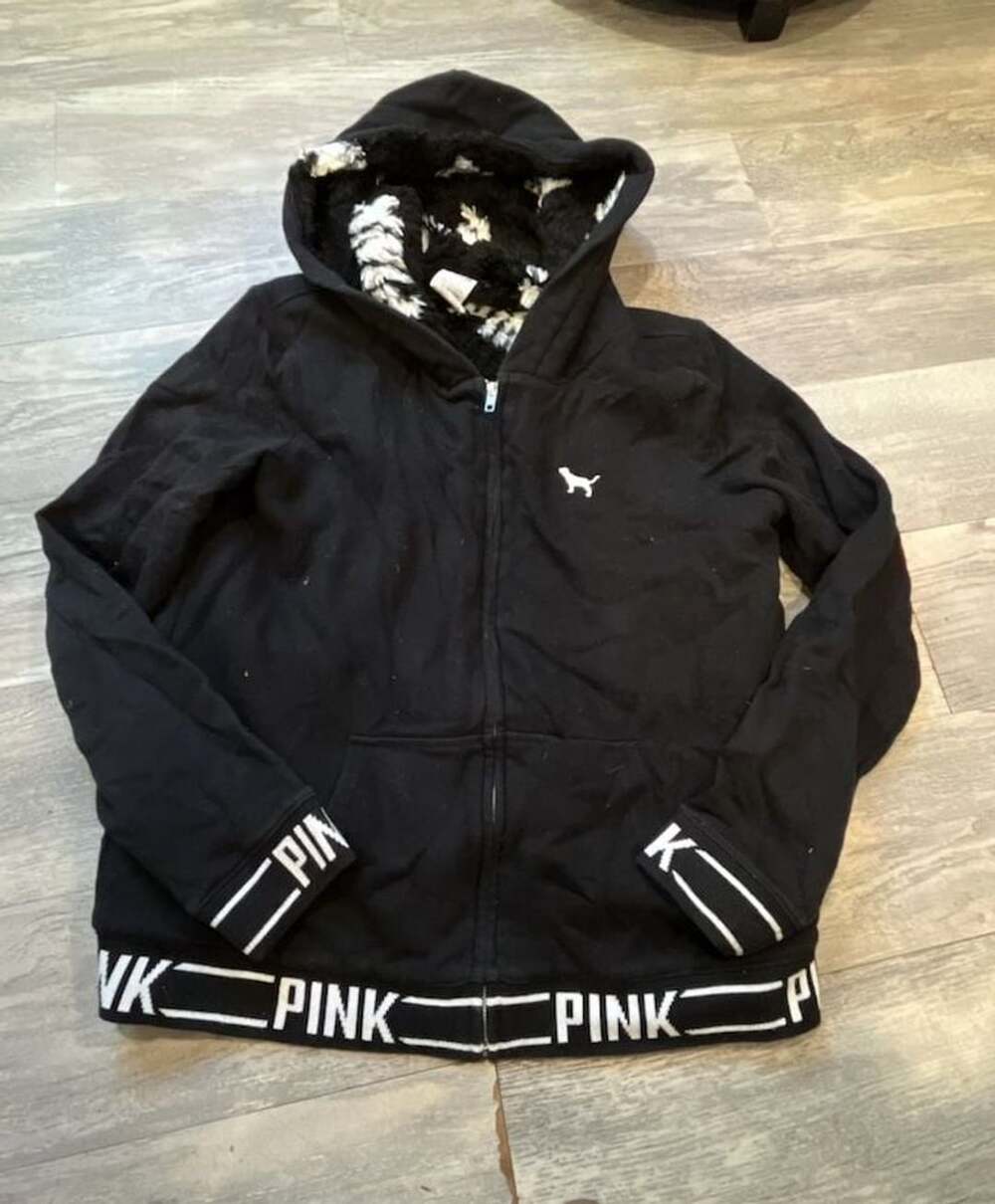 Victoria's Secret PINK Full Zip Hoodie Size L Black Faux Fur Lined